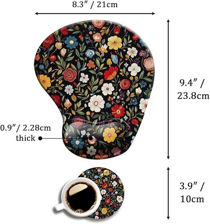 Ergonomic Mouse Pad with Wrist Support,Mouse Pad with Wrist Rest and Coaster Set,Office Supplies Non-Slip Mouse Pads for Desk, Non-Slip Comfortable,Black Floral