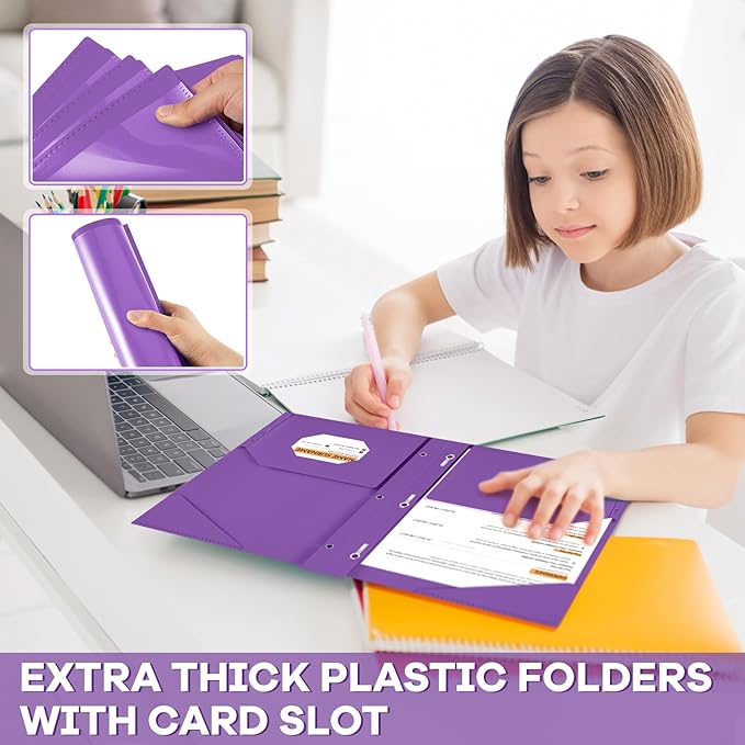 Henoyso 36 Pcs Plastic Folder with Clear Front Pocket and 3 Prong Plastic Folders with Card Slot Pocket Folders with Prongs for School Office (Purple)