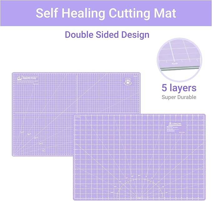Rotary Cutter Set Purple - Quilting Kit incl. 45mm Fabric Cutter, 5 Replacement Blades, A2 Cutting Mat, Acrylic Quilting Ruler, Sewing Clips, Craft Knife Set, Ideal for Crafting, Sewing, Patchworking