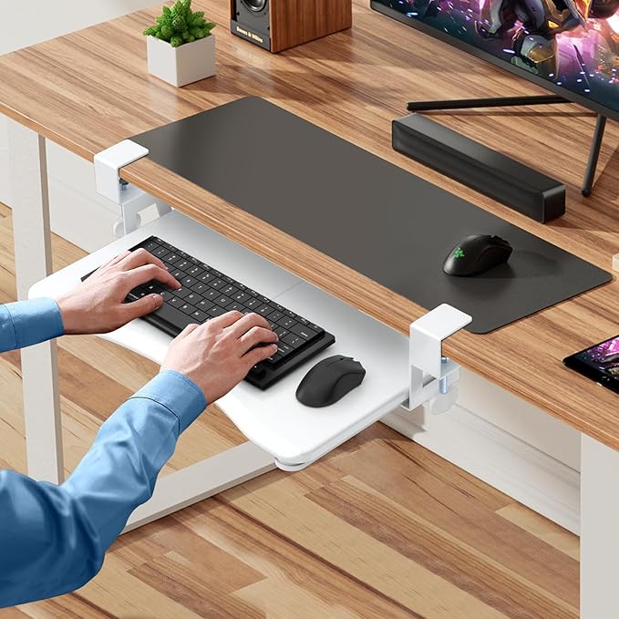suptek Small Keyboard Tray Under Desk Pull Out with C Clamp Mount, Computer Keyboard & Mouse Tray, 20 (24.2 Including Clamps) x 11.8 inch Slide-Out Platform Computer Drawer for Typing, White, DSF1SW