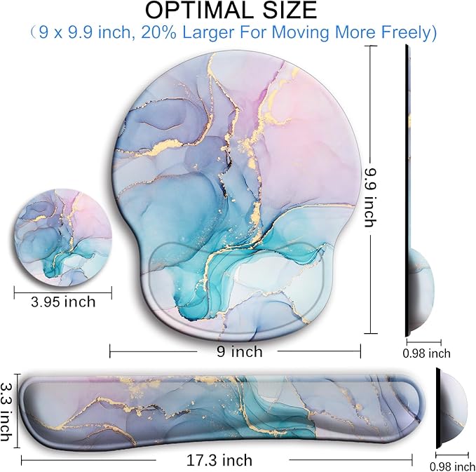 Mouse Pad and Keyboard Wrist Rest Support, with Non-Slip PU Base,Gel Mouse Pad with Coaster,Pain Relief for Gaming, Computer,Office -Blue Marble