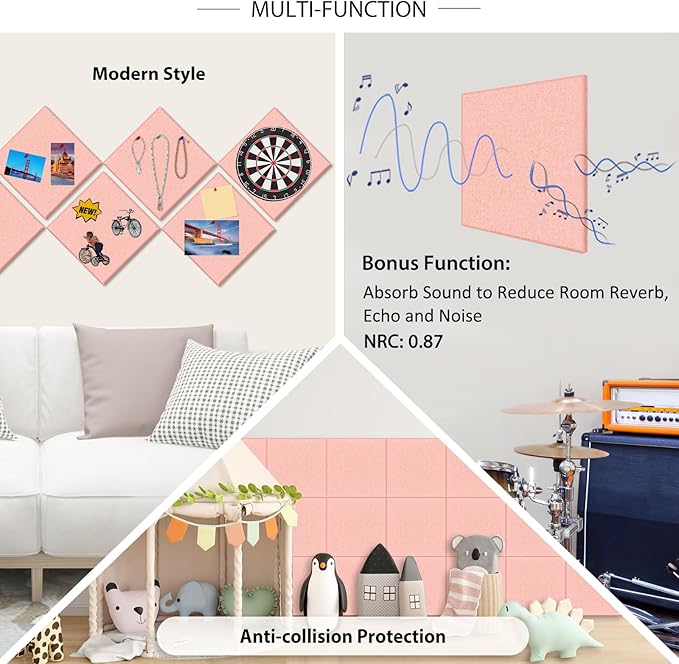 BXI Felt Bulletin Board - 36 X 24 Inches, 6 Pcs Self-Adhesive Decor Cork Boards with 30 Pushpins, Sturdy Acoustic Wall Panels for Office Work, Poster Pin Tiles for Teen Dorm Room Kitchen Classroom