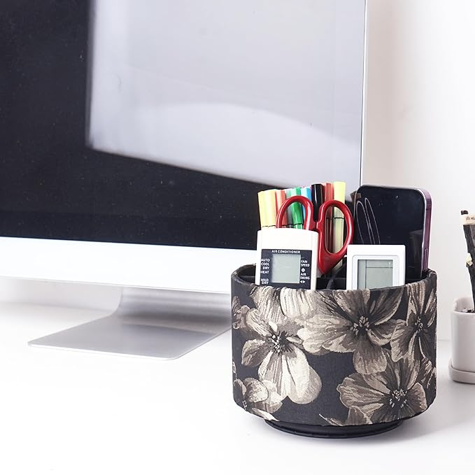 QIELIZI Round Leather Art Supply Organizer,Remote Control Holder,360 Degree Rotating,Multi-Functional Pencil Holder,4 Compartments Desktop Stationary Organizer(1-Dahlia Yellow)
