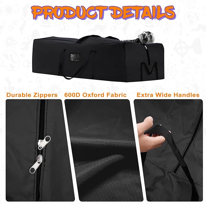 Halloween Storage Bag, Fits Up 12 Ft Skeleton-Heavy Duty Holiday Storage Box with Durable Reinforced Handles & Zipper & Pocket- 600D Oxford Christmas Tree Storage Container, Black