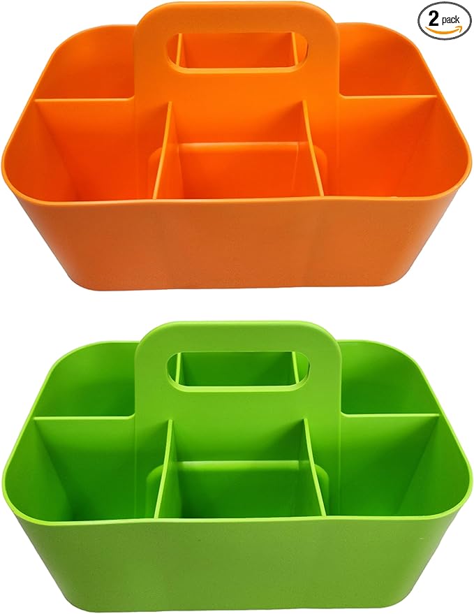 2 Pack Small 6 Compartment Multiuse Caddy Organizer with Handle Art Craft Supplies, Office, Desk, Stationery Pen Holder Stackable- Made In USA (Orange/Green)