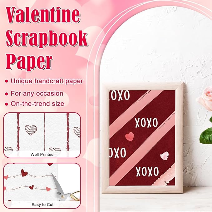 48Pcs Heart Pink Scrapbook Paper Pad, 12x12 Inch Watercolor Love Decorative Craft Paper for Junk Journal Supplies, DIY Cards, and Photo Albums, Aesthetic Craft Supplies for Kids and Adults