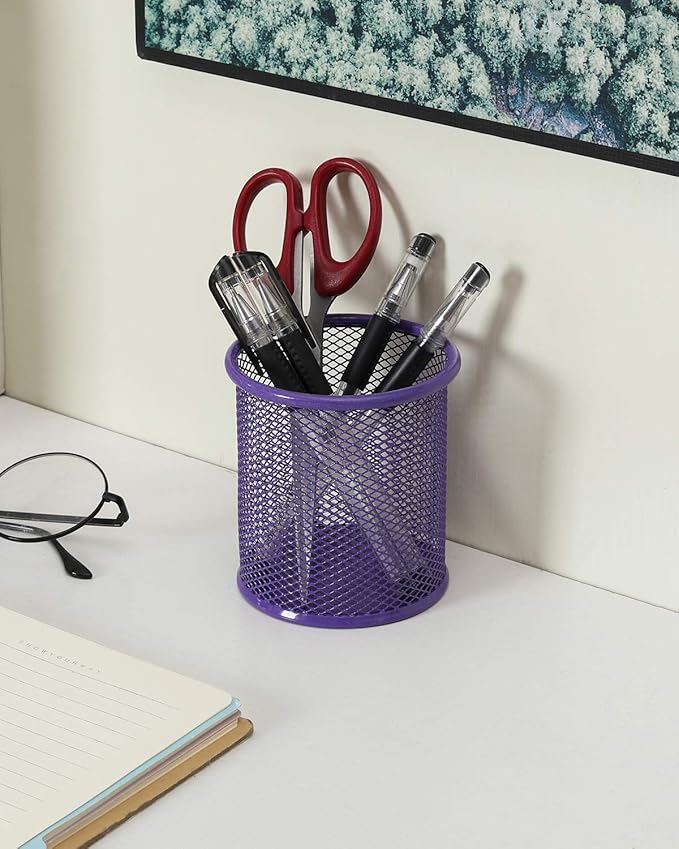 EasyPAG Round Mesh Pencil Holder 2 Pack Pen Holders Desk Pen Cups Organizer for Home, School Office, Purple