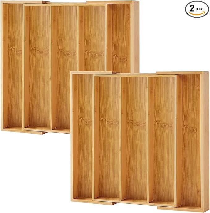 Purawood Kitchen Drawer Organizer, 2 Pack - Expandable Utensil Drawer Organizer for Kitchen, Cutlery Tray & Silverware Organizer, 3-5 Slots - Bamboo Organizer for Utensils & Flatware (Natural)