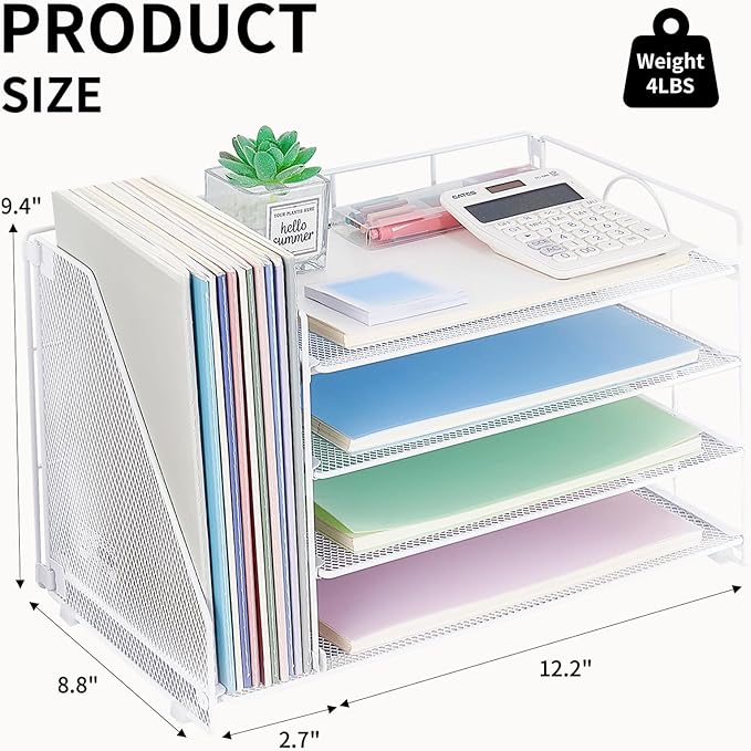 OPNCIE 4-Tier Paper Organizer with Magazine Holder, Desk Organizers and Accessories, Office Desk Accessories & Workspace Organizers, Desktop File Organizer for Office Supplies Storage, White