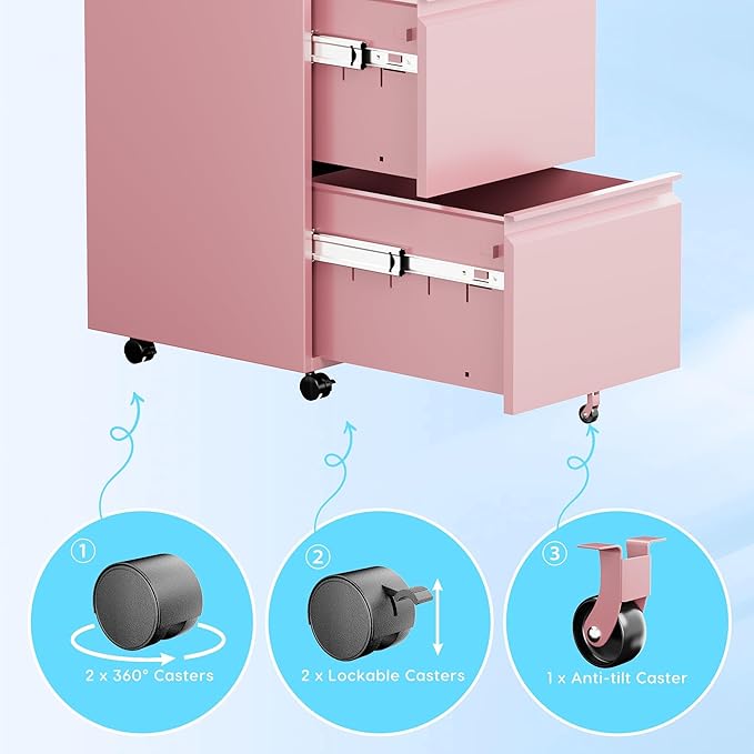 Aobabo 2 Drawer File Cabinet with Wheels, Lockable Metal Filing Cabinet for Home Office, Legal/Letter Size, Fully Assembled Except Wheels, Pink