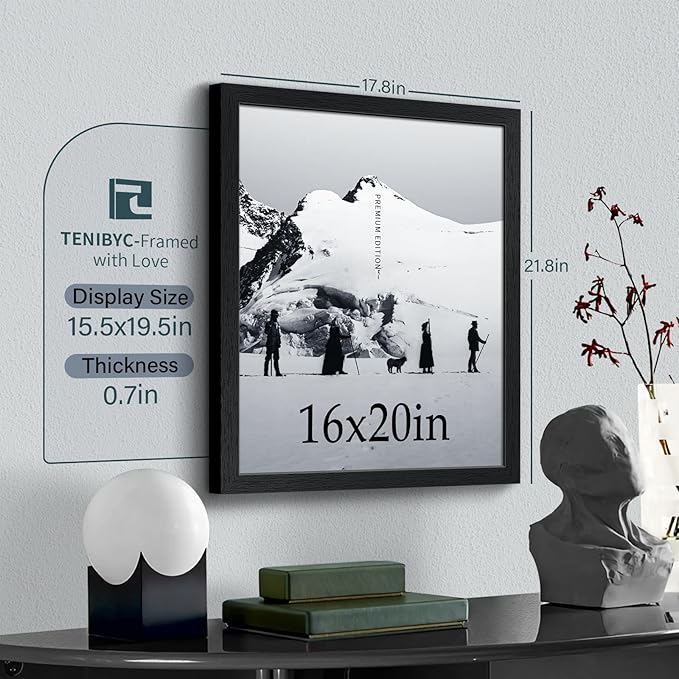 16x20 Picture Frame Set of 3 - Black Woodgrain, Solid Wood, HD Tempered Glass, Wall Gallery Poster Frame