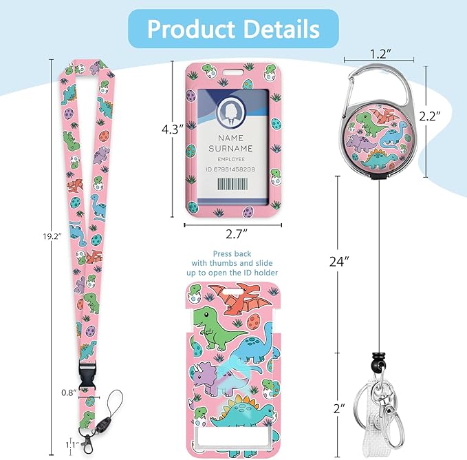Cartoon Dinosaur Badge Reel Retractable Heavy Duty with 360° Swivel Carabiner Clip,Cute ID Badge Holder with Detachable Lanyard, ID Card Holder Keychain Name Badge Clip, Nurse Teacher Gifts