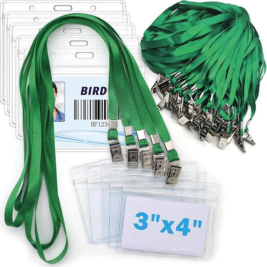 4x3 Name Tags Badge Holder with Lanyard 50 Pack Waterproof Horizontal ID Badge Holder and 50 Pcs Lanyards Nametag for Conferences, Events, and Meetings (Green, 4 X 3 inches)