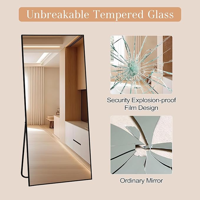 Large Size Full Length Mirror with Stand, 71"x32" Free-Standing Leaning Wall-Mounted Mirrors, Elegant Body Mirror for Living Room, Bedroom & Cloakroom, Black