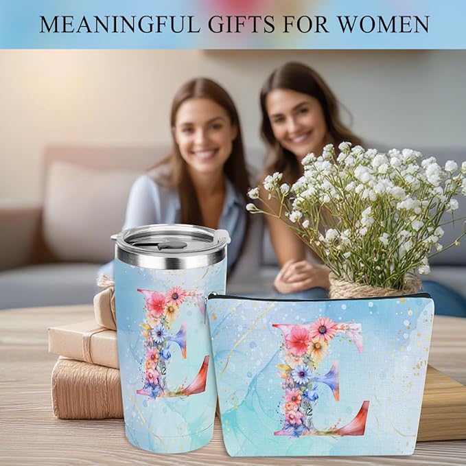Personalized Gifts Monogrammed Birthday Gifts for Women, Daughter Bestie Friendship Christmas Initial 20 oz Tumbler, Makeup Bag Cup Ballpoint Pens Journal Notebook 6 Set, (Aesthetic Blue Flower E)