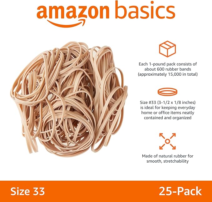 Amazon Basics Rubber Bands, Size 33 (3-1/2 x 1/8 Inch), 600 Bands/1 lb Pack, 25-Pack, Tan