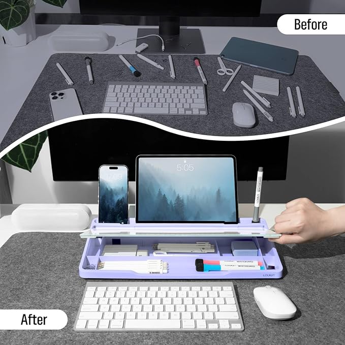 LOUKIN Glass Desktop Whiteboard, 15.3" x 5.6" Dry Erase Desk Board with Dotted and Graduated Surface, Desktop Buddy, Great for Design and Drawing, 3 Markers and 1 Dry Erase Eraser Included (Purple)