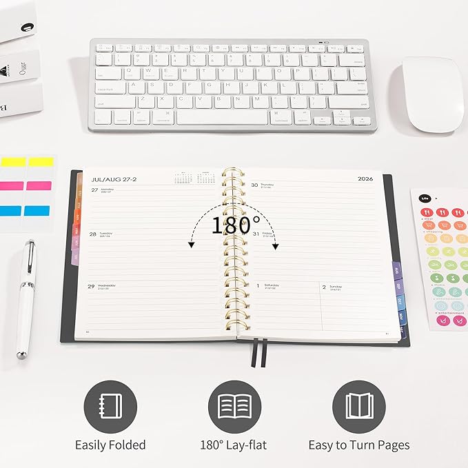 RETTACY 2026 Planner, Weekly and Monthly, Medium Size (5.7" x 8.3"), Jan - Dec 2026, Agenda, Calendar, 12 Month Tabs, Flexible Plastic Cover, 100 GSM Thick Paper, Spiral-bound (Black)