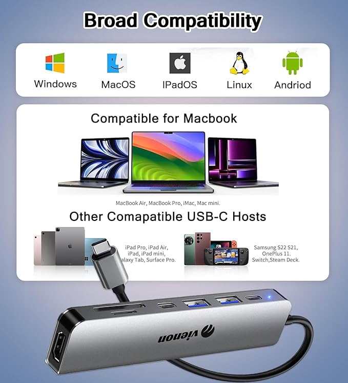 USB C Hub HDMI Adapter for Monitor, VIENON 7 in 1 USB C Docking Station with 4K HDMI, SD/TF Card Reader Compatible for MacBook Pro, XPS More Type C Devices