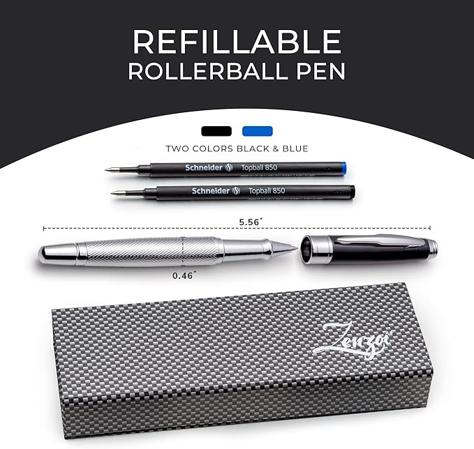ZenZoi Executive Rollerball Pen Elegant Black & Silver. Smooth Writing Fine Point Gel Ink. Luxury Pen for Men or Women. Premium Business Gift Set