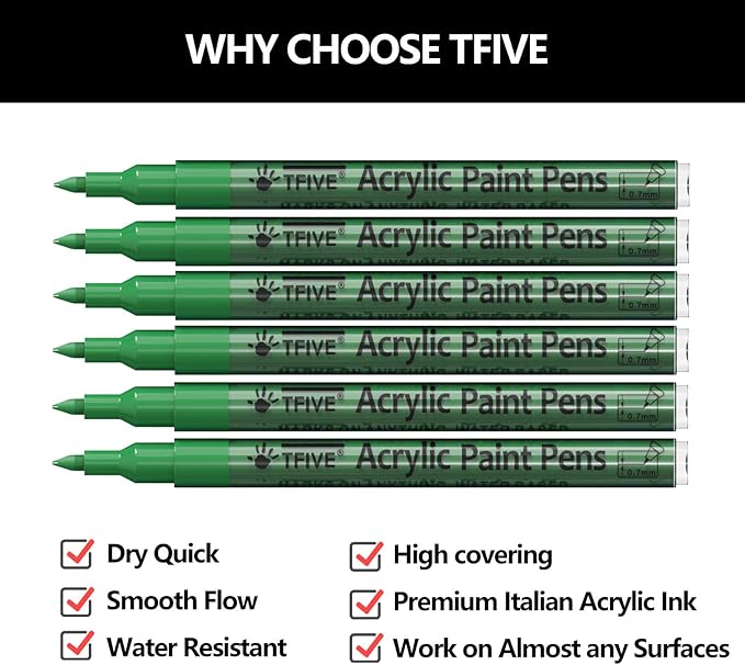 Green Marker Paint Pens - 6 Pack Acrylic Green Permanent Marker, 0.7mm Extra Fine Tip Paint Pen for Art Projects, Drawing, Rock Painting, Stone, Ceramic, Glass, Wood, Plastic, Metal, Canvas DIY Crafts