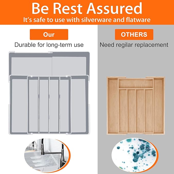 Silverware Organizer for drawer - Adjustable Kitchen Drawer Organizer Utensil Drawer Organizer, Expandable Silverware Tray for Drawer Utensil Organizer for Forks, Knives, Grey