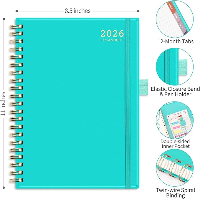 RETTACY 2026 Planner, Weekly and Monthly, Large Size (8.5" x 11"), Jan - Dec 2026, Agenda, Calendar, 12 Month Tabs, Flexible Plastic Cover, 100 GSM Thick Paper, Spiral-bound (Tiffani Blue)