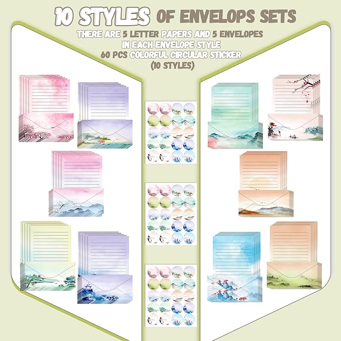 TaoBary 160 Pcs Stationery Paper Set 50 Double Sided Stationery Papers with 50 Matching Envelopes and 60 Round Dot Sticker, 10 Design(Ink Painting,8.5 x 11 Inch)