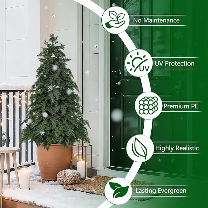 4FT Artificial Topiary Tree with Pot, 2 Pack Fake Evergreen Tree for Porch, Artificial Plants for Outdoor Christmas Home Garden Decor