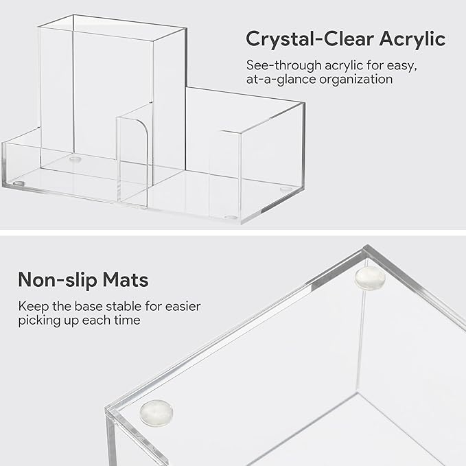 HBlife Acrylic Pen Holder Desk Organizer, 3-Compartment Pencil Holder for Desk, Clear Office Supplies Desk Accessories with Sticky Notes Holder Workspace Organizers for School, Home and Office