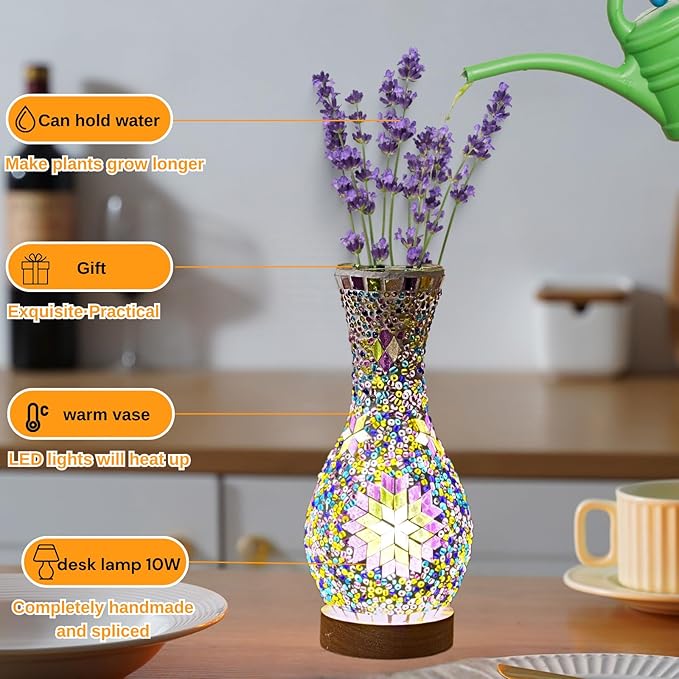 Turkish Mosaic Table Lamp, Moroccan Style Colorful Handmade Glass Vase, USB Tiffany Mosaic Table Night Light for Bedroom, Living Room Decor, 9" Height