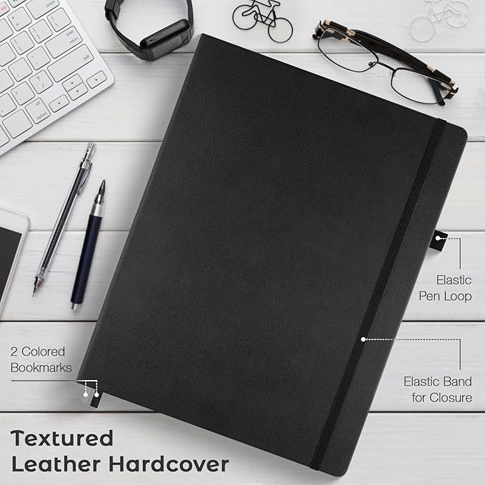 Dotted Journal, Hardcover Notebook 8.5 x 11, Dot Grid Notebook Journal for Women, Men, Large Leather Journals for Writing, Bullet, No Bleed Thick Paper, A4 Notebooks for Work, School, Notes, Black