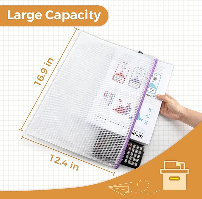 Umriox 24 Pack 12 Colors Zipper Pouches for Organizing, A3 Size (16.9 x 12.4), Big mesh Bags,Zipper Bags for Puzzles & Board Game Storage, Office Supplies Travel Toiletries