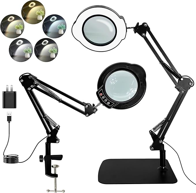 12X Magnifying Glass with Light and Stand,2-in-1 LED Desk Lamp & Clamp,5 Color Modes Brightness Stepless Dimmable,Magnifier with Light Hands Free,Reading,Hobby Close Work