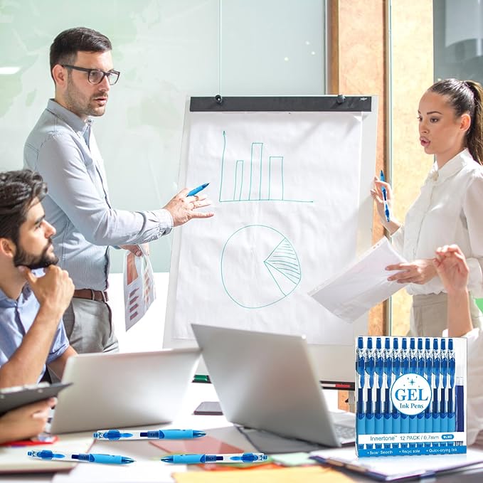 Innertone Blue Gel Pens，12 Pcs Retractable Fine Point 0.7mm With 4 Refills,Blue Pen，Featuring Smooth Writing And Quick-Drying Ink, Suitable For Women, Men, Journaling, School, And Office Use