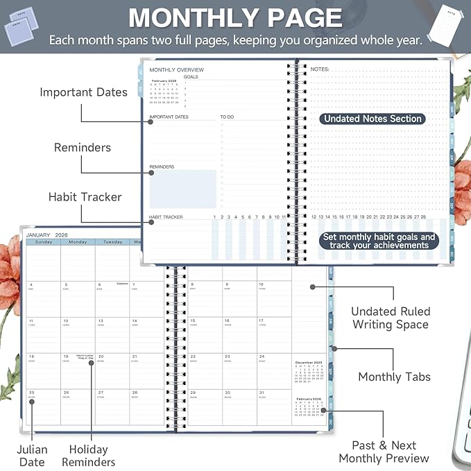 GuassLee Large 2026 Planner, Weekly and Monthly Planner from January 2026-December 2026, 8.5"x 11" Calendar Agenda Book with Back Pocket, Stickers for Home Office School Supply, Navy Blue