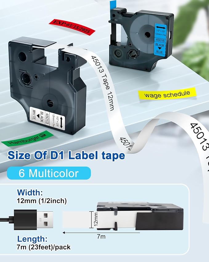 BOYEEZON 6PK Compatible for DYMO D1 12mm Color Label Tape (45013 45010 45016 45017 45018 45019) D1 12mm Refills Color Combo Set for Dymo Labelmanager 280 160 360D 450 Duo, 1/2In x 23Ft