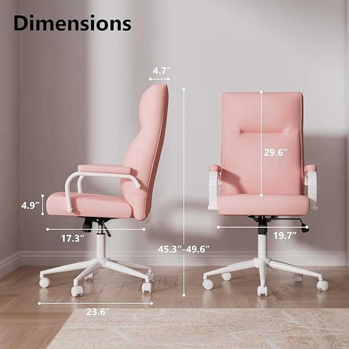 Pink Desk Chair, High Back Leather Executive Office Chair for Girl and Women, Adjustable Height Computer Desk Chairs with Wheels and Arms