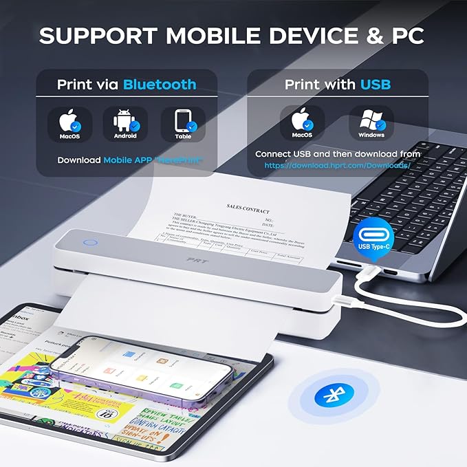 PRT Thermal Portable Printer Wireless for Travel, Inkless Bluetooth Support 8.5"x11" US Letter, A4, Compatible with iOS, Android, Laptop, Mobile Printer for Office, Vehicle, Home Use