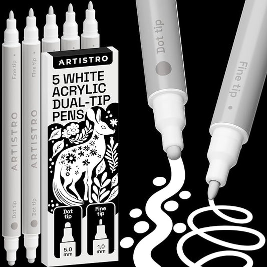 ARTISTRO 5 White Dual-Tip Acrylic Paint Pens for Rock, Ceramic, Glass, Wood, Fabric - White Markers for Acrylic Painting, 5mm Dot + 1mm Fine Tips