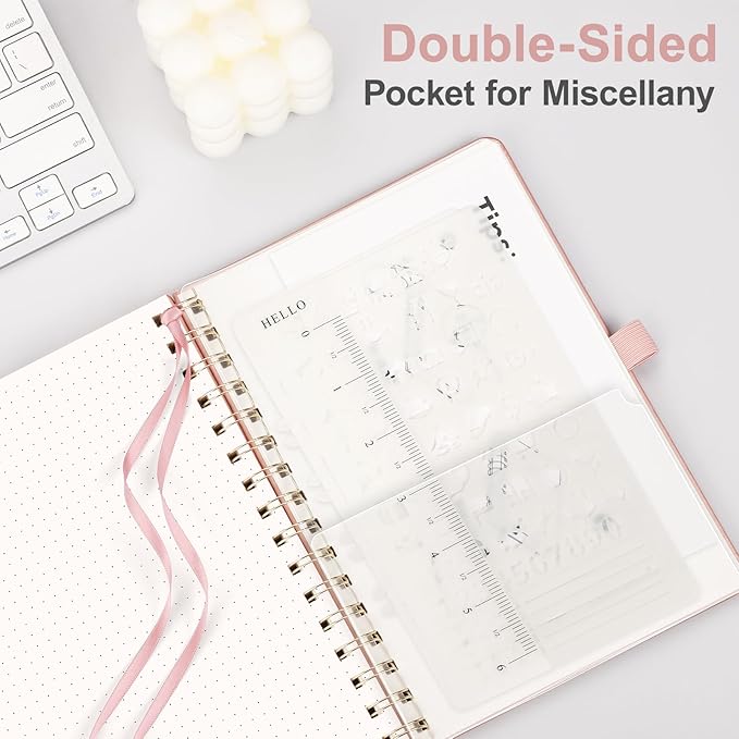 AHGXG Bullet Dotted Journal Spiral Notebook, Hardcover Leather Dotted Notebook 140 Pages, A5 Dot Grid Paper Notebook, 100 gsm Thick Paper, for Bullet Journaling, 5.7" x 8.3", Rose Gold