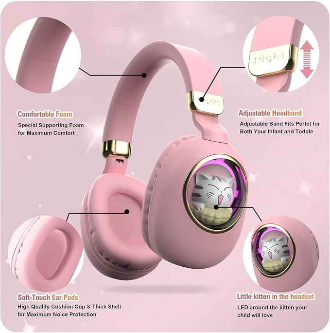 Girls Kids Headphones Wired - Pink Noise Cancelling Wireless Headphones for Kids for School - Over Ear Light Up Foldable Cat Bluetooth Gaming Headset with Microphone for iPad Kindle Tablet PC Travel