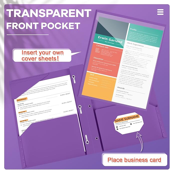 Henoyso 18 Pcs Plastic Folder with Clear Front Pocket and 3 Prong Plastic Folders with Card Slot Pocket Folders with Prongs for School Office (Purple)