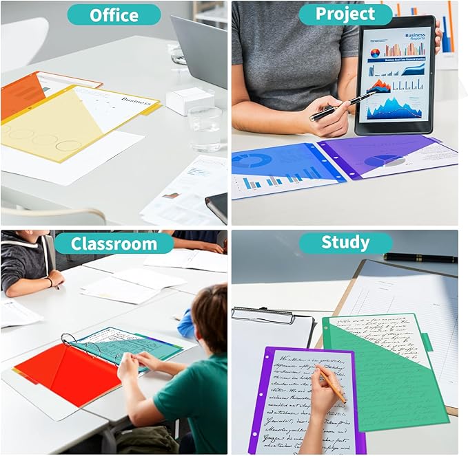 Binditek 48 Pack Plastic 8-Tab Binder Dividers with 2 Pockets, Tab Insertable Poly Pocket Dividers for 3 Ring Binders, Letter Size, Multicolor, Writable Label Cards, for Students and Coworkers, 6 Set