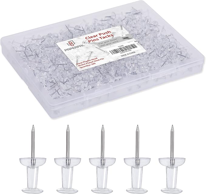 PAPERPAL 280 Clear Push Pins for Cork Board, Clear Thumb Tacks for Wall Hangings, Pushpins for Office School & Personal Use, Standard Size Push Pin Tacks