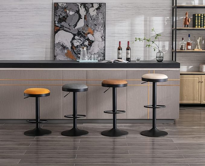 Round Swivel Counter Height Bar Stools Set of 2 Modern Adjustable Barstools Backless PU Leather Bar Chairs Industrial Island Chairs with Metal Base/Footrest for Kitchen Island/Pub/Bar, Brown