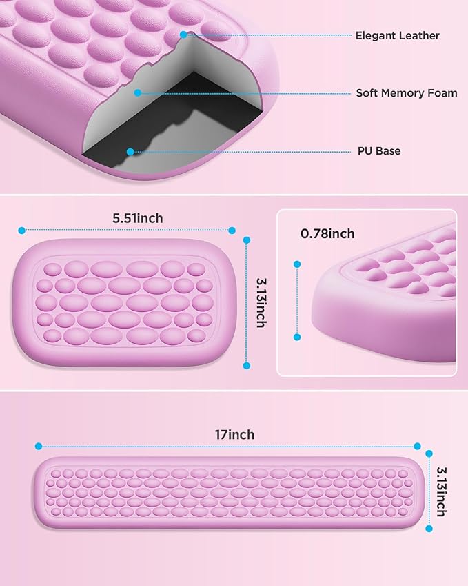 Lekvey Ergonomic Keyboard Wrist Rest - Memory Foam with Massage Points & Waterproof PU Leather Wrist Pad, Carpal Tunnel Support for Office Computer/Gaming, Typing Pain Relief, Easy-Clean（Pink）