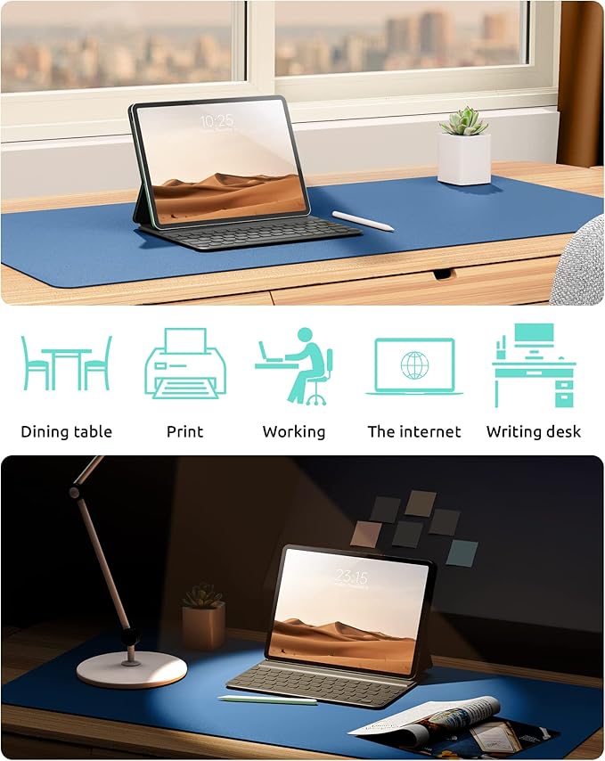YSAGi Leather Desk Protector, Office Mat, Large Mouse Pad, Non-Slip PU Leather Blotter, Laptop Desk, Waterproof Writing Pad for Office and Home (Sea Blue, 35.4" x 17")