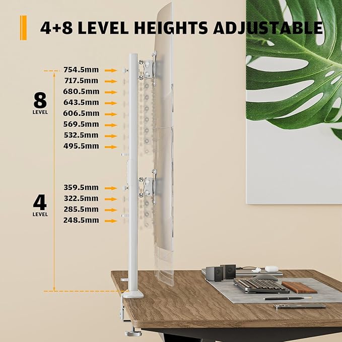 Dual Monitor Articulating Desk Mount Arm Stand - Vertical Stack Screen Supports Two 13 to 34 Inch Computer Monitors with C Clamp White