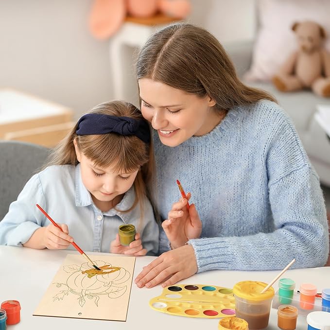 COCHIE 10PCS Large Fall Unfinished Wood Crafts to Paint for Adults Kids, Bulk Predrilled Wooden Ornaments for Painting, Pumpkin Scarecrow Maple Leaf Paintable Wood Slices Craft Supplies with Ropes